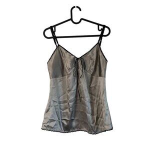 VTG Express Y2K 90s Gray Silk Satin Black Trim Babydoll Cami Top Womens Medium